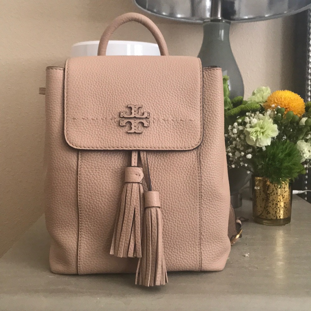 Tory Burch Blush Pink Leather Mini Backpack with Tassels